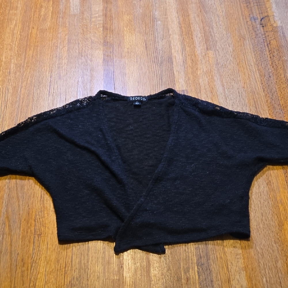 George Girl Large Black‎ Knitted Lace Quarter Sleeve Open Front Shrug Cardigan